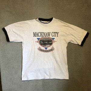 VTG 90s Mackinaw City Michigan Ringer T Shirt Alore XL Made in USA Single Stitch